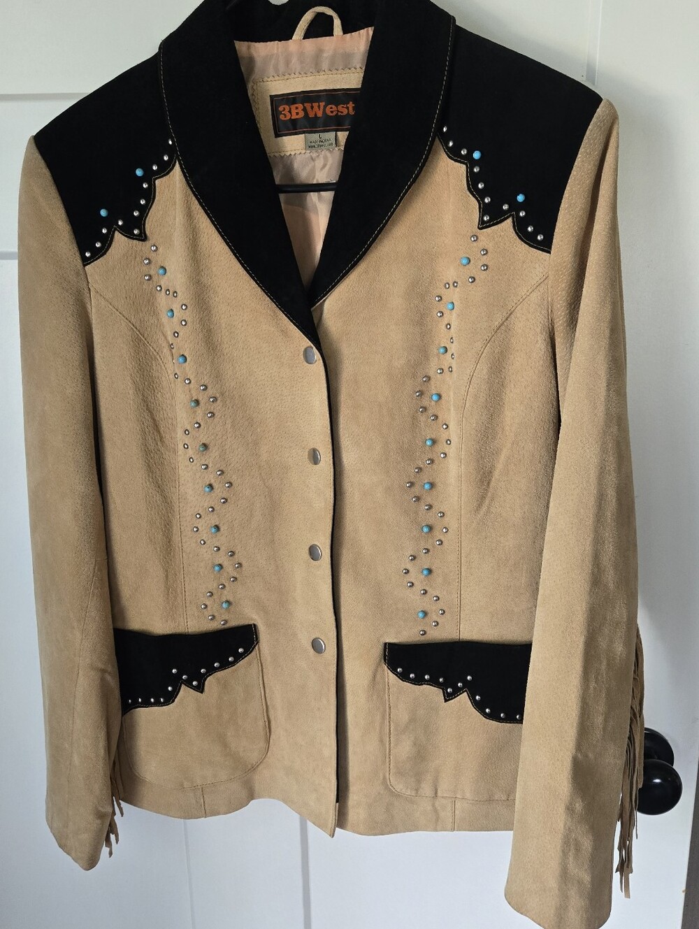 Women's Tan Suede Western Jacket with Black Yoke and Turquoise Studs